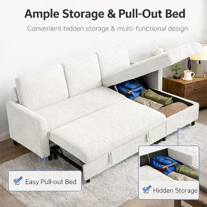 JAMFLY Pull Out Sleeper Sectional Sofa, L Shaped Corduroy Couch with Hidden Storage, Convertible Sofa Bed for Small Living Rooms and Apartments, White
