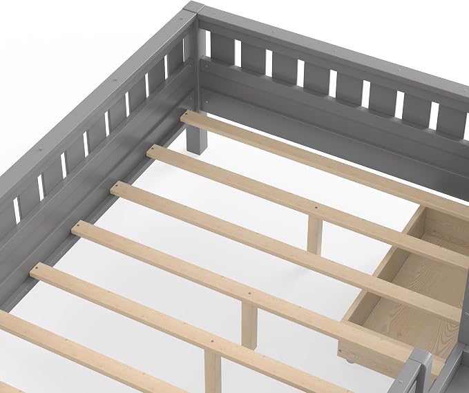 Bellemave Full Size Montessori Bed with Stairs, Rails and Slats, Full Size Montessori Floor Bed with Bookshelf and 2 Storage Drawers, Easy Assemble Beds Frame for Girls, Boys, Gray