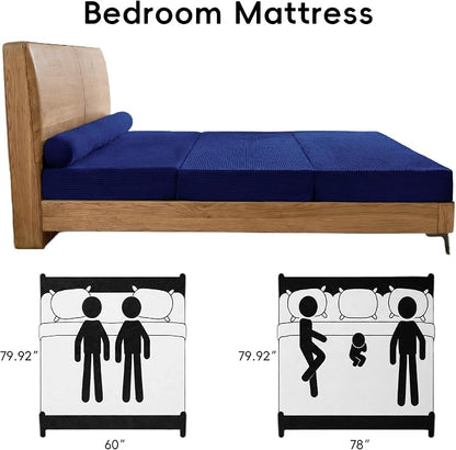 5-in-1 Convertible Sofa Bed, 78" Boneless Couch Tri Folding Mattress with Removable L-Shaped Armrests, Corduroy Futon Couch Sleeper with Pull Out Bed for Living Room Bedroom Apartment, Blue