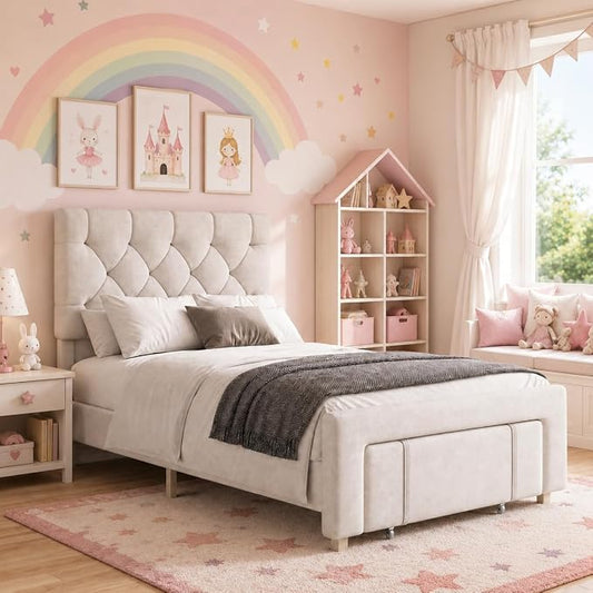 GarveeHome Twin Size Bed Frame, Upholstered Platform Bed Frame with Storage Drawers, Mattress Foundation with Solid Wooden Slats Support, No Box Spring Needed, Beige