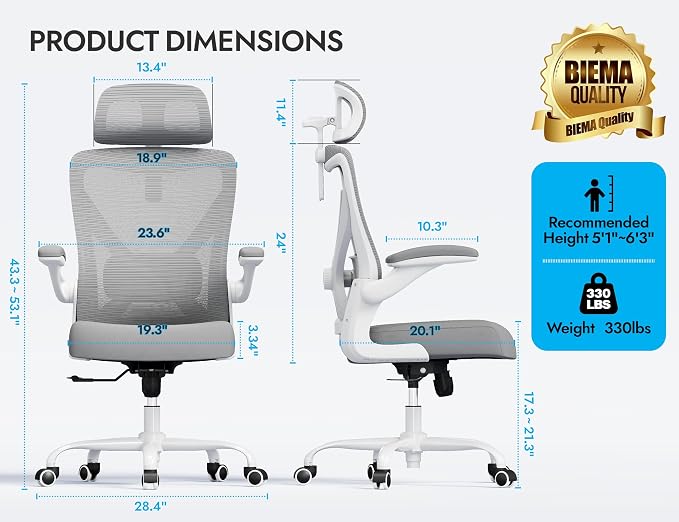 Ergonomic Office Chair: White Computer Desk Chair Comfy Gaming Chair for Adults - Office Chair with Lumbar Support & Headrest - Executive Office Rolling Chairs for Home Work (Grey)