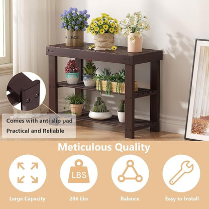 Sweetcrispy 3-Tier Shoe Rack Bench for Entryway, 27 Inches, Brown | Bamboo Shoe Storage Bench, Shoes Rack for Entrance, Bedroom, Living Room, Balcony, 6 Pairs, 286lb Capacity