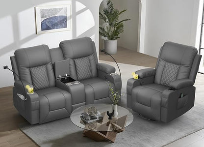 YONISEE Living Room Furniture Set, Loveseat Recliner 2 Seater and 360° Swivel Recliner Chair with Massage, Luxury Reclining Sofa 2PC Set for Living Room (2+1, Dark Gray)