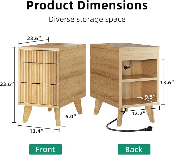 Kalrin Narrow Nightstand with Hidden Outlets & USB Ports, Modern Fluted Bedside Table with 3 Drawers, Engineering Wooden End Tables for Bedroom and Living Room(Natural Oak)