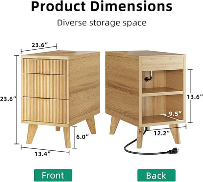 Kalrin Narrow Nightstand with Hidden Outlets & USB Ports, Modern Fluted Bedside Table with 3 Drawers, Engineering Wooden End Tables for Bedroom and Living Room(Natural Oak)