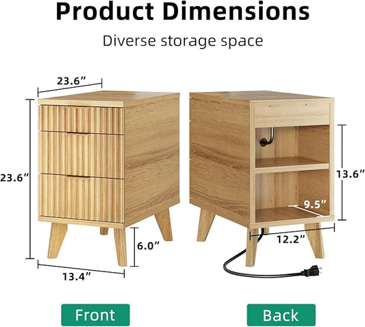 Kalrin Narrow Nightstand with Hidden Outlets & USB Ports, Modern Fluted Bedside Table with 3 Drawers, Engineering Wooden End Tables for Bedroom and Living Room(Natural Oak)