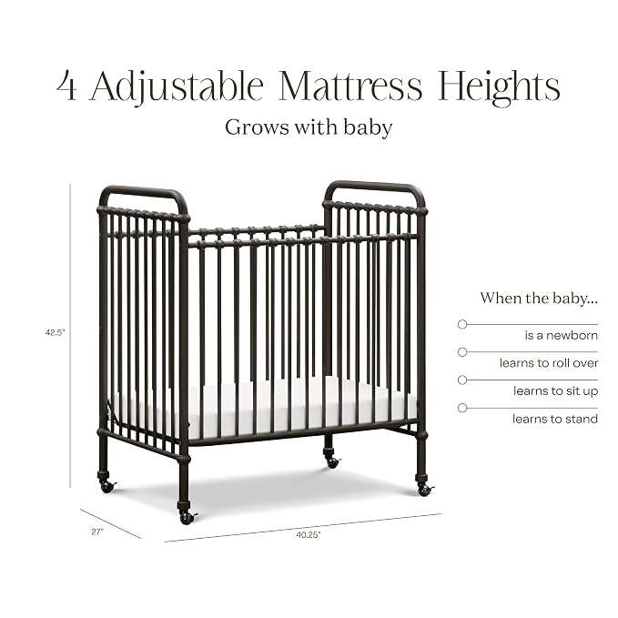 Namesake Abigail 3-in-1 Portable Baby Crib with Wheels - GREENGUARD Gold Certified Convertible Crib to Toddler Bed & Daybed - Metal Baby Bed w/ 4 Adjustable Mattress Heights, for Small Spaces - Iron