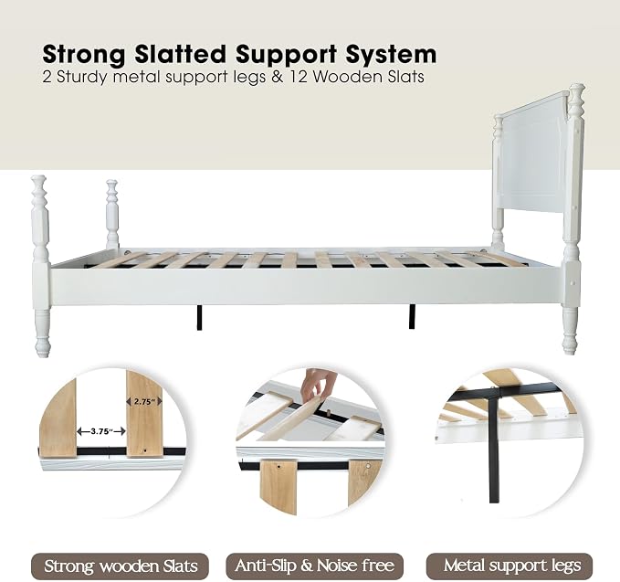 Solid Wood Queen Size Platform Frame, Headboard & Footboard, No Box Spring Needed, 12 Wooden Slats, Center Metal Legs, Slip-Free, Simple Assembly, Under Bed Storage, Pure White Finish, ROQ-39