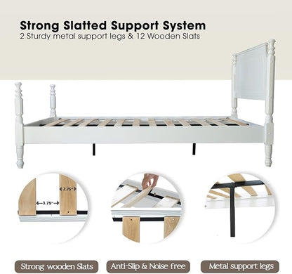 Solid Wood Queen Size Platform Frame, Headboard & Footboard, No Box Spring Needed, 12 Wooden Slats, Center Metal Legs, Slip-Free, Simple Assembly, Under Bed Storage, Pure White Finish, ROQ-39