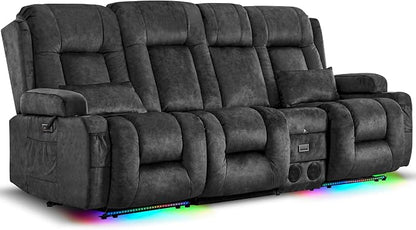 URRED Power Loveseat Recliner Sofa with Massage and Heat, Wall Hugger Reclining Loveseat with Console, RV Couch Home Theater Seating with LED Lights for Living Room (Dark Grey, 89.8" - 3 Seats)