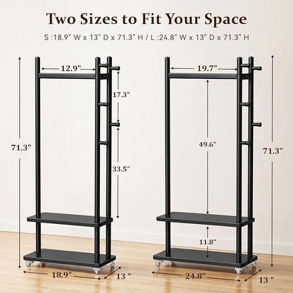 Taitiy Solid Wood Coat Rack Freestanding, Coat Rack Stand with 2 Shelves & 4 Hooks, Coat Tree for Entryway, Hallway, Bedroom, Living Room, Office - Clothing Rack for Coats, Hats, Bags (Black-S-Wheel)