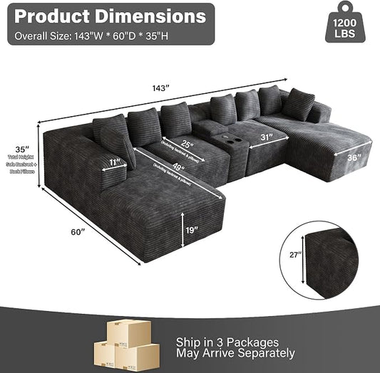 143" Oversized U Shaped Cloud Sectional Couches for Living Room, Comfy Fluffy Corduroy Dark Grey Boneless Couch, Large Modular Sectional Sofa Set with Chaise, Cup Holder, USB Port, Storage Console