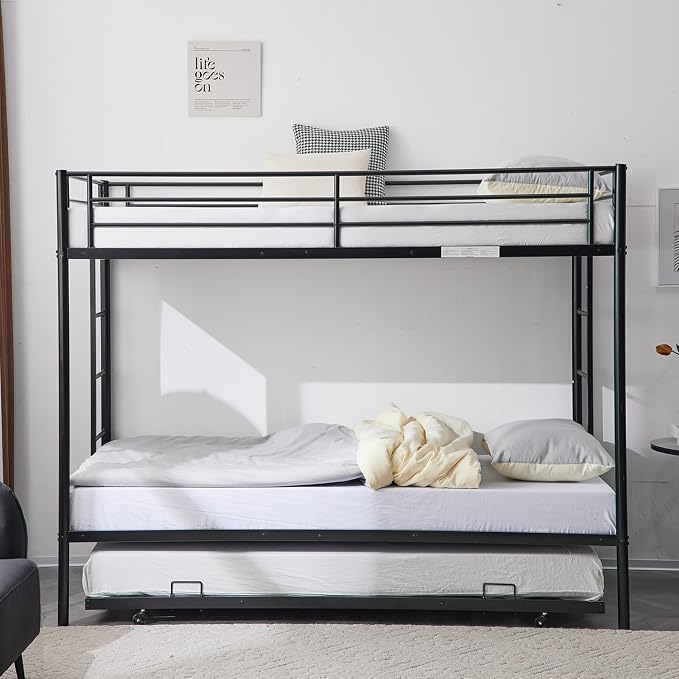 Karl home Bunk Bed Twin Over Twin Metal Bunk Bed with Trundle, 3-in-1 Triple Bunk Beds for Kids Teens & Adults, Safety Guard Rails, 2 Side Ladders, Black