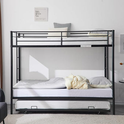 Karl home Bunk Bed Twin Over Twin Metal Bunk Bed with Trundle, 3-in-1 Triple Bunk Beds for Kids Teens & Adults, Safety Guard Rails, 2 Side Ladders, Black
