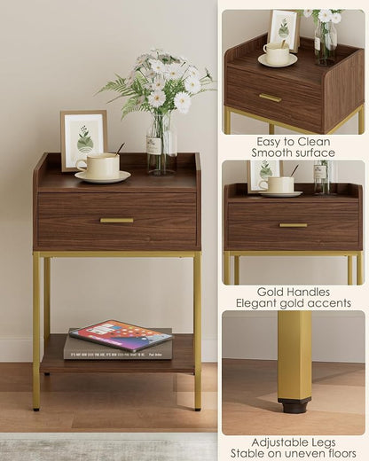Masupu Nightstand, 3-Tier Modern Bedside Night Stand with Storage Drawer and Shelf, Small End Side Table for Bedroom, Living Room, Walnut
