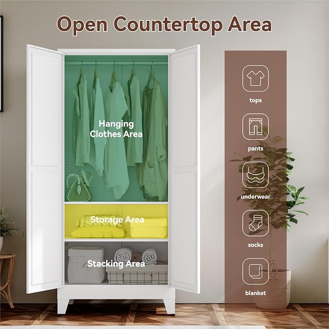 YAUWOH Farmhouse Wardrobe Cabinet,Metal Wardrobe Closet with Hanging Rod,Metal Armoire with Adjustable Shelves for Bedroom,Cloak Room,Office (White)