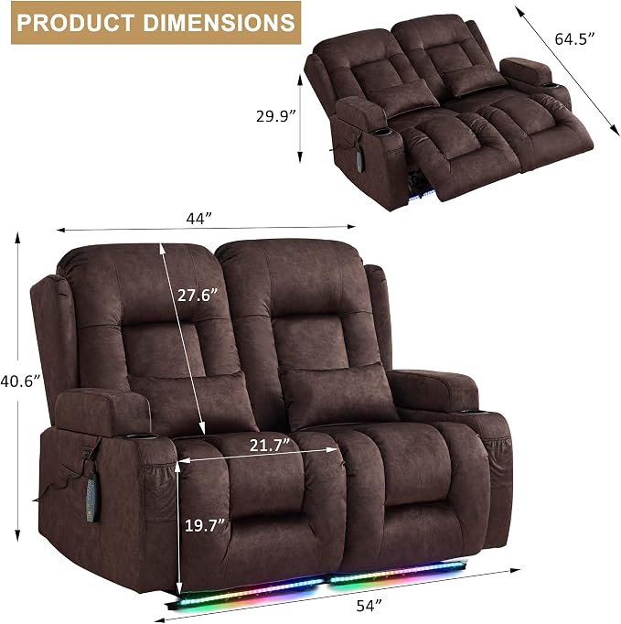 URRED Power Loveseat Recliner Sofa with Massage and Heat, Wall Hugger Reclining Loveseat, RV Couch Home Theater Seating with LED Lights for Living Room (Brown, 54" - 2 Seats)