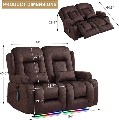 URRED Power Loveseat Recliner Sofa with Massage and Heat, Wall Hugger Reclining Loveseat, RV Couch Home Theater Seating with LED Lights for Living Room (Brown, 54" - 2 Seats)