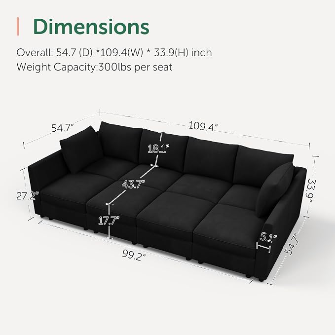 HONBAY Modular Sectional Sofa Velvet Sleeper Couch with Storage Seats Oversized Sectional Couches for Living Room,Black