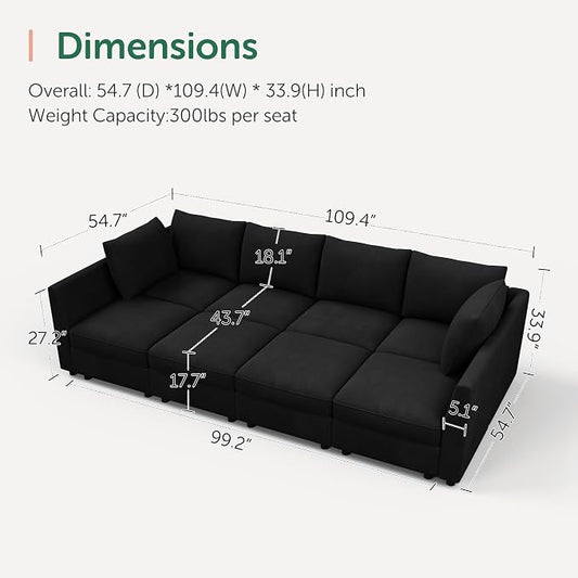 HONBAY Modular Sectional Sofa Velvet Sleeper Couch with Storage Seats Oversized Sectional Couches for Living Room,Black