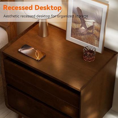25.43" Walnut Finish Nightstand with Charging Station Mid Century Modern Night Stand with Leg Wood Bedside Table with Drawers Nightstand for Bedroom Dorm