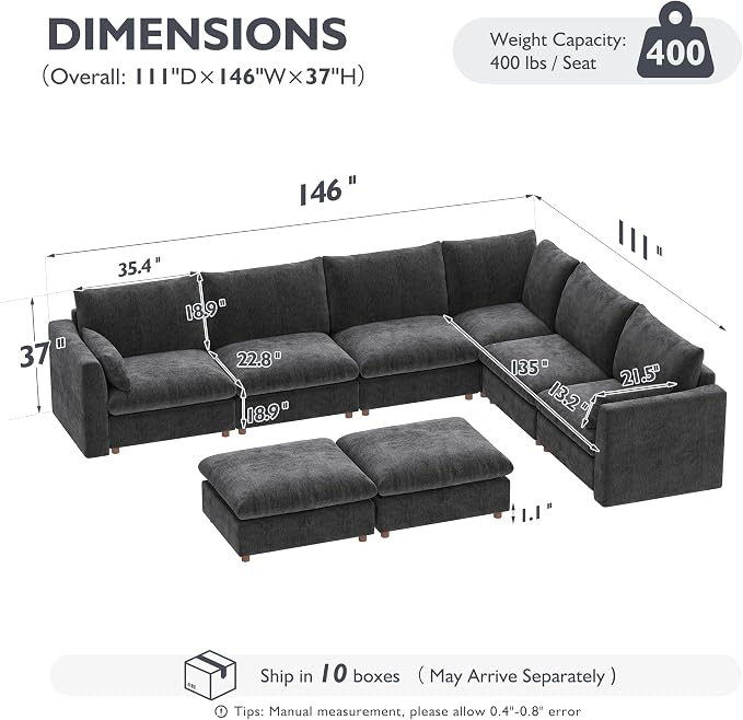 Ihanherry 146" Oversized Modular Sectional Sofa, Modern V Shaped Cloud Couch with 2 Storage Ottoman, 8-Seat Comfy Chenille Deep Seat Sofa with 2 Pillows for Living Room, Grey