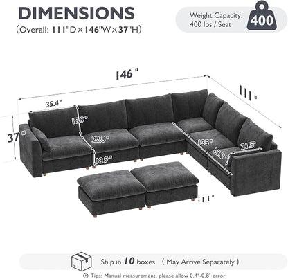 Ihanherry 146" Oversized Modular Sectional Sofa, Modern V Shaped Cloud Couch with 2 Storage Ottoman, 8-Seat Comfy Chenille Deep Seat Sofa with 2 Pillows for Living Room, Grey