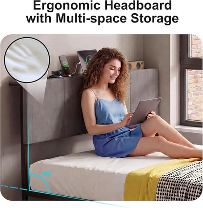 J.Fkne Full Bed Frame with Charging Station and LED Lights, Metal Platform Bed with 2 Storage Drawers, Upholstered Headboard, Noise Free, No Box Spring Needed, Easy Assembly