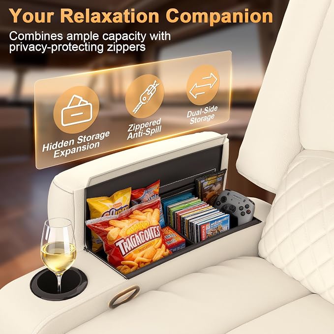 Oversized Manual Recliner Chair, 3 Angle Recliner Home Theater Seating, RV Recliner Single Sofa with Hidden Arm Storage, Cup Holder & Side Pocket (Single, White)