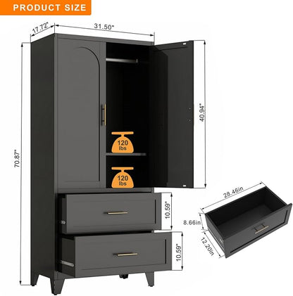71" Tall Black Metal Storage Cabinet with 2 Doors, 2 Drawers, Interior Rail and Adjustable Shelf, Freestanding Utility Cabinet for Office, Laundry Room, Entryway, Garage and Home Storage