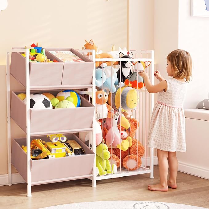 BBLIKE Stuffed Animal Storage - Kids Storage Organizer with 4 Removable Bins, Kids Storage Toy Shelf Organizer for Stuffed Animal Holder for Bedroom Playroom Nursery, Pink