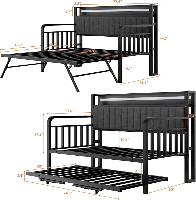 Daybed with Trundle and LED Light, Heavy Duty Metal Twin Bed Frame with Upholstered Storage Headboard & Charging Station, Day Bed Pop Up Trundle Bed Twin for Living Room,Bedroom and Guest Room, Black