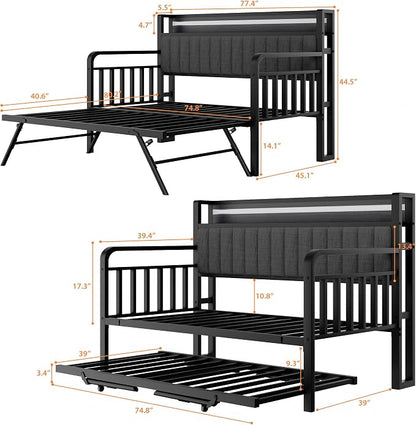 Daybed with Trundle and LED Light, Heavy Duty Metal Twin Bed Frame with Upholstered Storage Headboard & Charging Station, Day Bed Pop Up Trundle Bed Twin for Living Room,Bedroom and Guest Room, Black