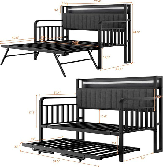 Daybed with Trundle and LED Light, Heavy Duty Metal Twin Bed Frame with Upholstered Storage Headboard & Charging Station, Day Bed Pop Up Trundle Bed Twin for Living Room,Bedroom and Guest Room, Black