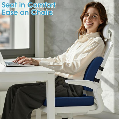 CushZone Seat Cushion, Lumbar Support Pillow with Adjustable Strap-Chair Cushions for Sciatica Pain Relief-with Washable Cover Memory Foam for Car, Travel and Wheelchair-Blue