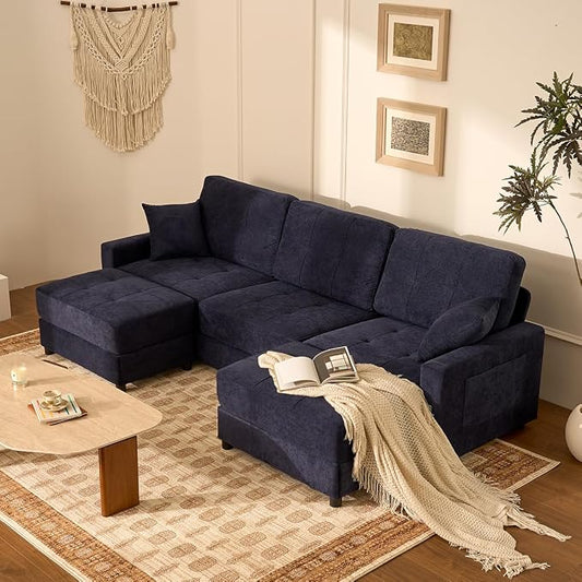 112" U Shaped Modular Cloud Sectional Couch, Waffle Fabric, Navy | Modular Deep Seat Sofa, Movable Ottoman, Pocket Spring Cushions, 2-Box Delivery, Living Room Lounge Use, Not Boneless