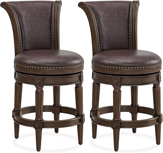 ROME + OAK Set of 2 Runyan 26" Swivel Counter Stool, Rotating High Back Barstool in Dark Walnut Finish with Vintage Brown Vegan Leather Seat