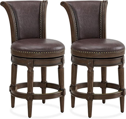 ROME + OAK Set of 2 Runyan 26" Swivel Counter Stool, Rotating High Back Barstool in Dark Walnut Finish with Vintage Brown Vegan Leather Seat