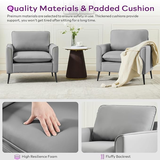 TYBOATLE Accent Chairs Set of 2, Faux Leather Chairs, Mid Century Modern Comfy Living Room Chairs, Cozy Office Reading Chair, Reception Armchairs for Office, Bedroom, Waiting Room (Grey) (2)