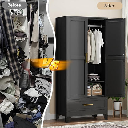 Metal Armoire Wardrobe Closet with Drawers,Storage Cabinet with Hanging Rod,71'' Metal Wardrobe Cabinet with 2 Doors and Adjustable Shelves for Bedroom, Laundry Room, Cloak Room