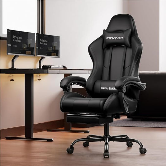 GTPLAYER Gaming Chair, Computer Chair with Footrest and Lumbar Support, Height Adjustable Game Chair with 360°-Swivel Seat and Headrest and for Office or Gaming (Faux Leather, Black)