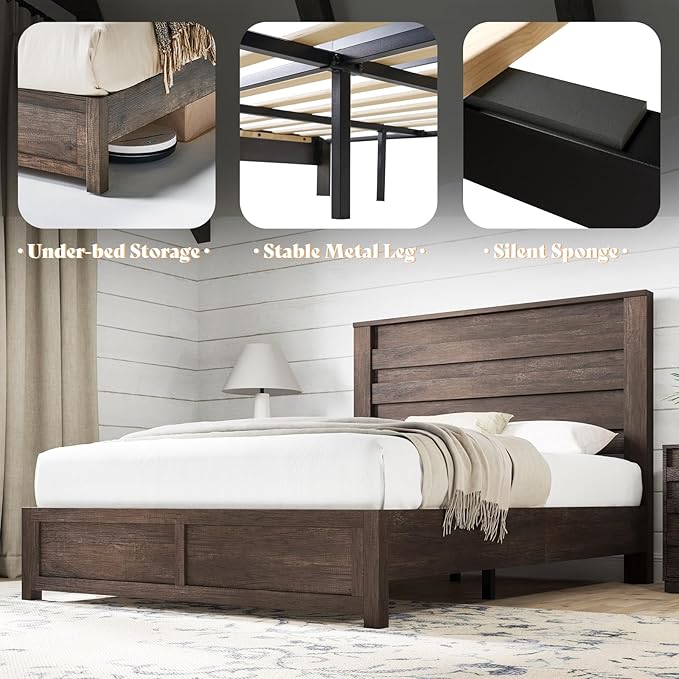 AMERLIFE 2-Piece Farmhouse Bedroom Set, Queen Size Bed Frame and 6 Drawer Dresser, Platform Bed with 49" Fluted Headboard, 54" Wide Wood Chest of Drawer for Bedroom, Grey