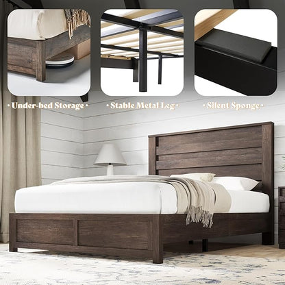 AMERLIFE 2-Piece Farmhouse Bedroom Set, Queen Size Bed Frame and 6 Drawer Dresser, Platform Bed with 49" Fluted Headboard, 54" Wide Wood Chest of Drawer for Bedroom, Grey