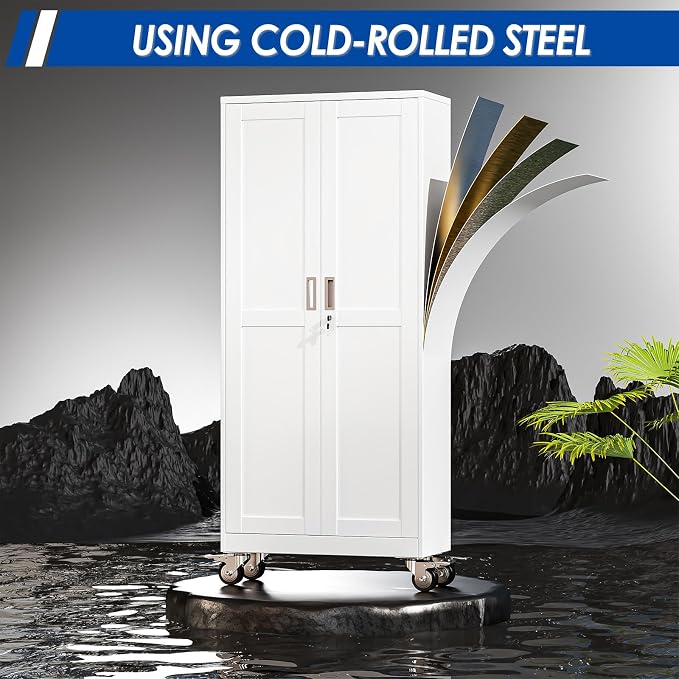 GAIOUS Metal Garage Storage Cabinet with Lock, 61” Tall Lockable File Cabinet with Wheels, Steel Tool Cabinet with 2 Door and 3 Adjustable Shelves, Rolling Cabinet for Home Office Garage Gym - White