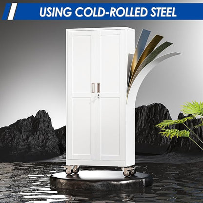 GAIOUS Metal Garage Storage Cabinet with Lock, 61” Tall Lockable File Cabinet with Wheels, Steel Tool Cabinet with 2 Door and 3 Adjustable Shelves, Rolling Cabinet for Home Office Garage Gym - White