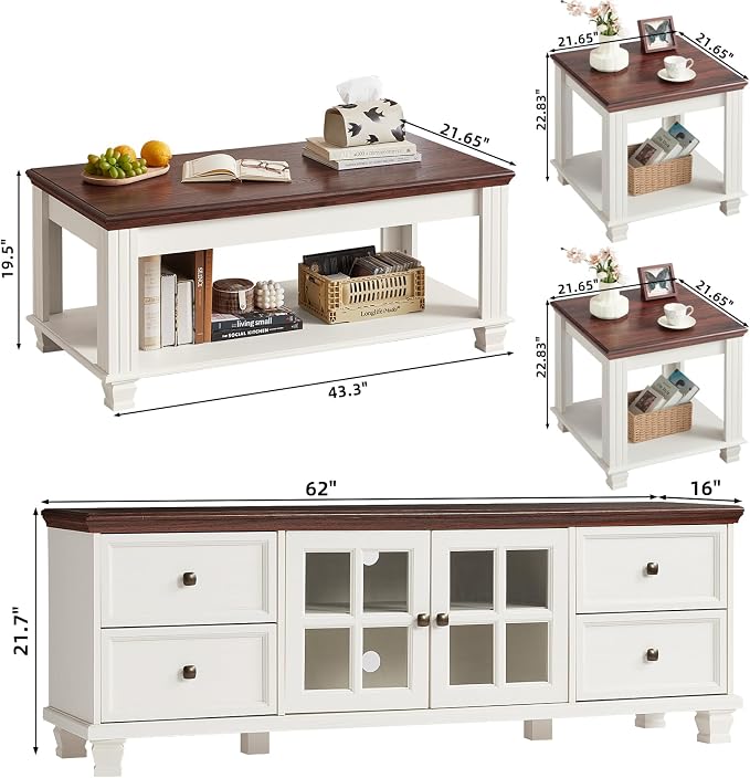 SAVOR LIFE Farmhouse TV Stand and Coffee Table Set 4, Rustic Wood Living Room Table Set with TV Console, Center Table, End Table Set of 2 for Living Room, White