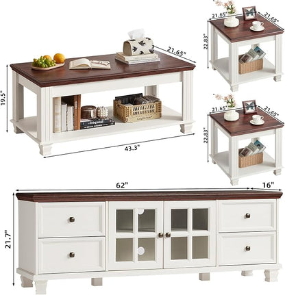 SAVOR LIFE Farmhouse TV Stand and Coffee Table Set 4, Rustic Wood Living Room Table Set with TV Console, Center Table, End Table Set of 2 for Living Room, White