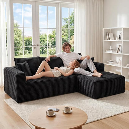 92.5" Modular Sectional Sofa, L-Shaped Cloud Couch with Deep Seats & Chaise, Convertible 4-in-1 Corduroy Boneless Couches for Living Room, Bedroom, No Need Assembly - Black(Right Facing Chaise)