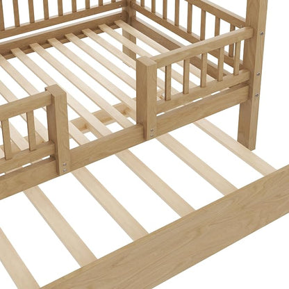 RUNNA Twin Over Twin Bunk Bed with Slide,Trundle,Storage Stairs,Walnut | Twin over twin bunk bed with slide,trundle,storage stairs,solid pine wood frame, guardrails,no box spring needed,walnut