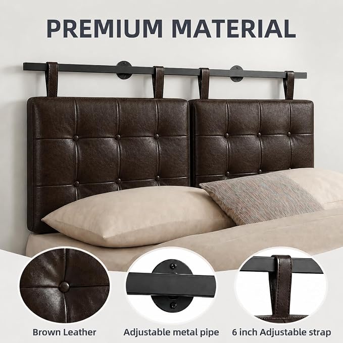 King Headboard only, Wall Mounted Headboard for Adjustable Bed, Hanging Head Board for King Size Bed, Button Tufted Upholstered Headboard Cabeceras De Cama for Bedroom, Dorm, Dark Brown Faux Leather